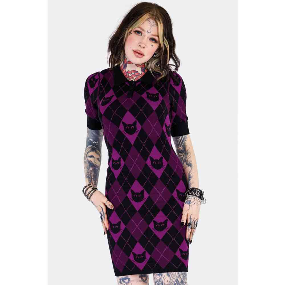 Jawbreaker - Argyle Cat Knitted Polo Short dress - Purple